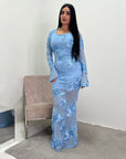 Hari Sky Blue Elegant Summer Floral Lined Modest Dress Flare Sleeve