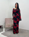 Hari Black & Red Elegant Summer Floral Lined Modest Dress Flare Sleeve
