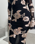 Hari Black & Gold Elegant Summer Floral Lined Modest Dress Flare Sleeve