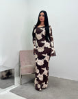 Hari Chocolate Elegant Summer Floral Lined Modest Dress Flare Sleeve