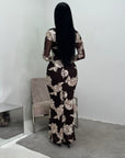 Hari Chocolate Elegant Summer Floral Lined Modest Dress Flare Sleeve