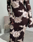 Hari Chocolate Elegant Summer Floral Lined Modest Dress Flare Sleeve