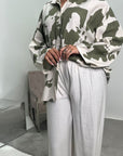 Noura Khaki Floral Linen Printed Co-ord Set with Plain Trouser
