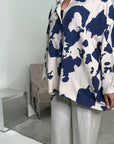 Noura Navy Floral Linen Printed Co-ord Set with Plain Trouser