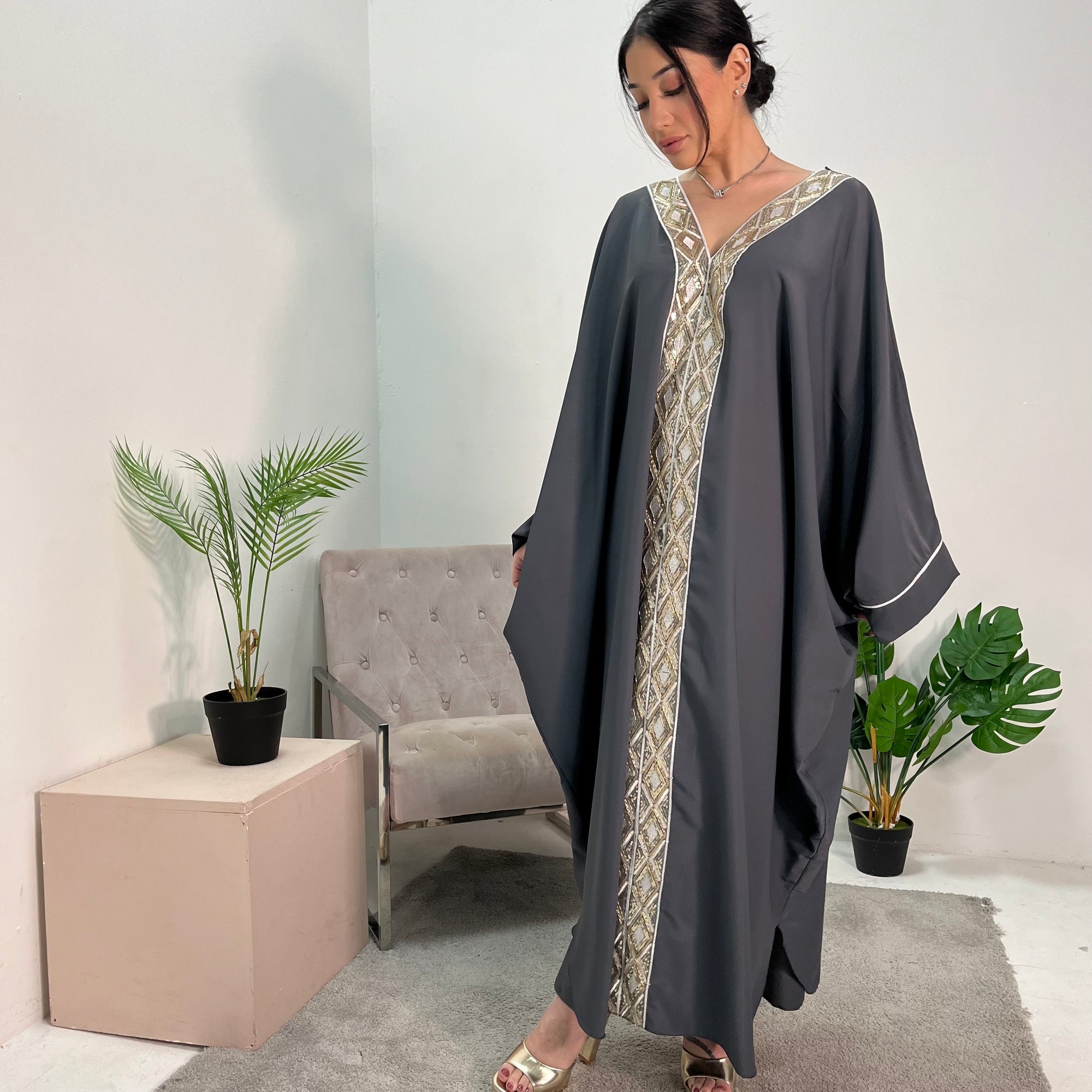 Arooj Charcoal Blue Sequin Trim V Neck Kaftan Abaya Dress