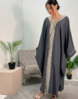 Arooj Charcoal Blue Sequin Trim V Neck Kaftan Abaya Dress