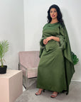 Jhanvi Khaki Fur Sleeve Belted Cape Kaftan Dress