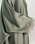 Safiya Khaki Batwing Cape Fur Sleeve Satin Modest Kaftan Dress