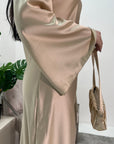 Fiza Beige V-neck Fitted Flare Sleeve Satin Dress