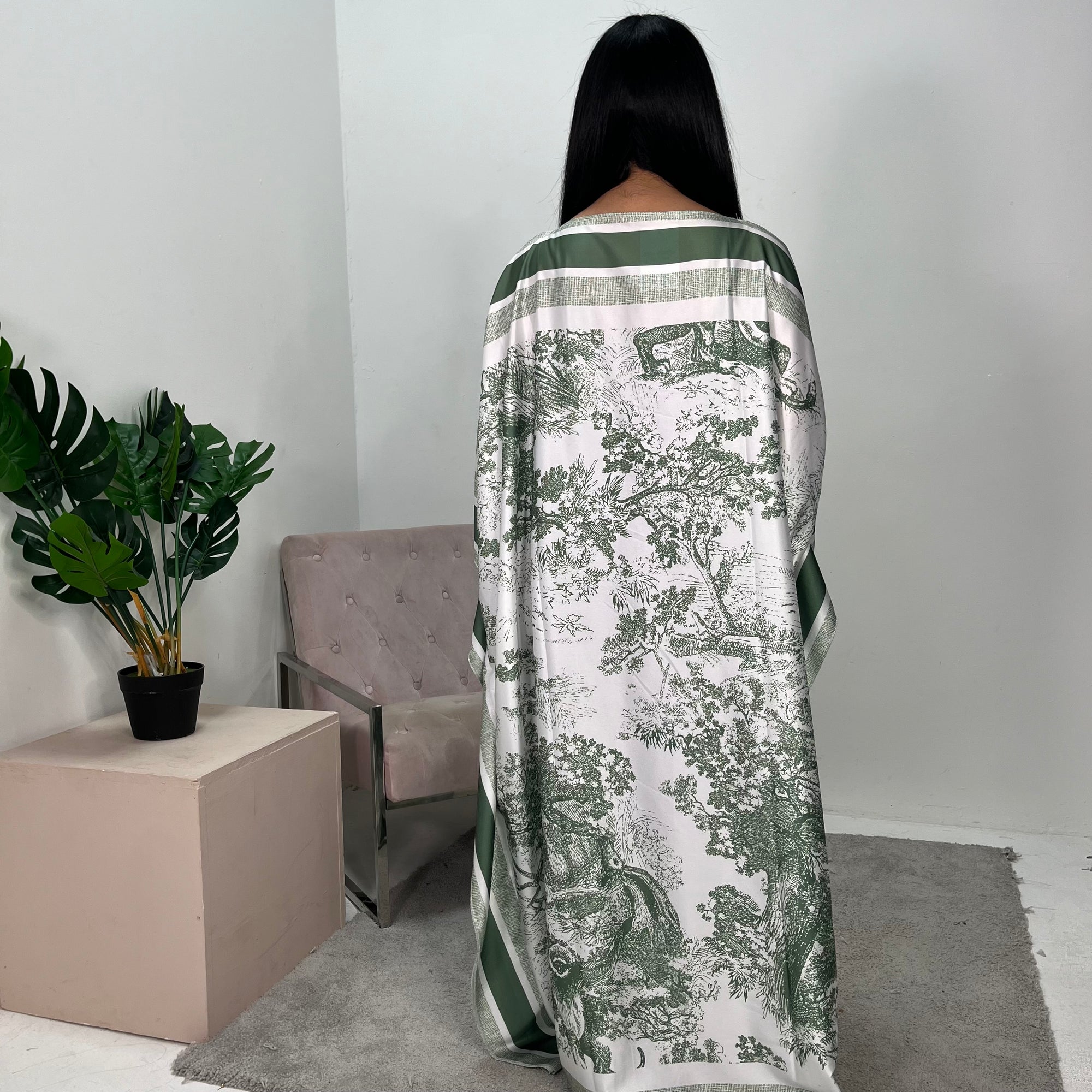 Saniyah Green Floral Slit Sleeve Kaftan Dress