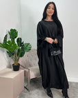 Safiya Black Batwing Cape Fur Sleeve Satin Modest Kaftan Dress