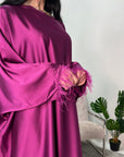 Safiya Magenta Batwing Cape Fur Sleeve Satin Modest Kaftan Dress