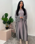 Safiya Grey Batwing Cape Fur Sleeve Satin Modest Kaftan Dress