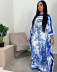 Saniyah Blue Floral Slit Sleeve Kaftan Dress