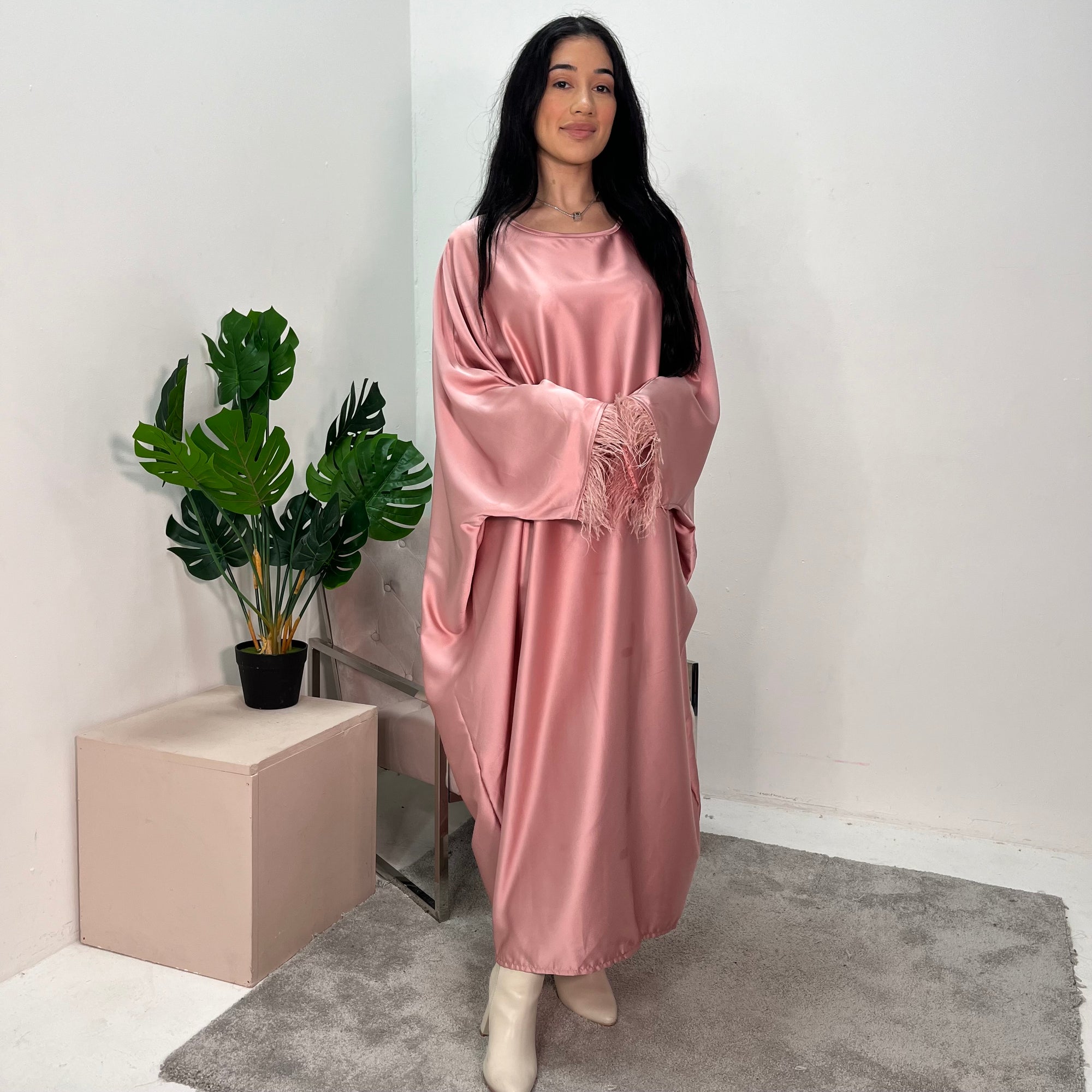 pink batwing dress FW21 Pink and Black Wool Batwing Dress With Pearl Button Details