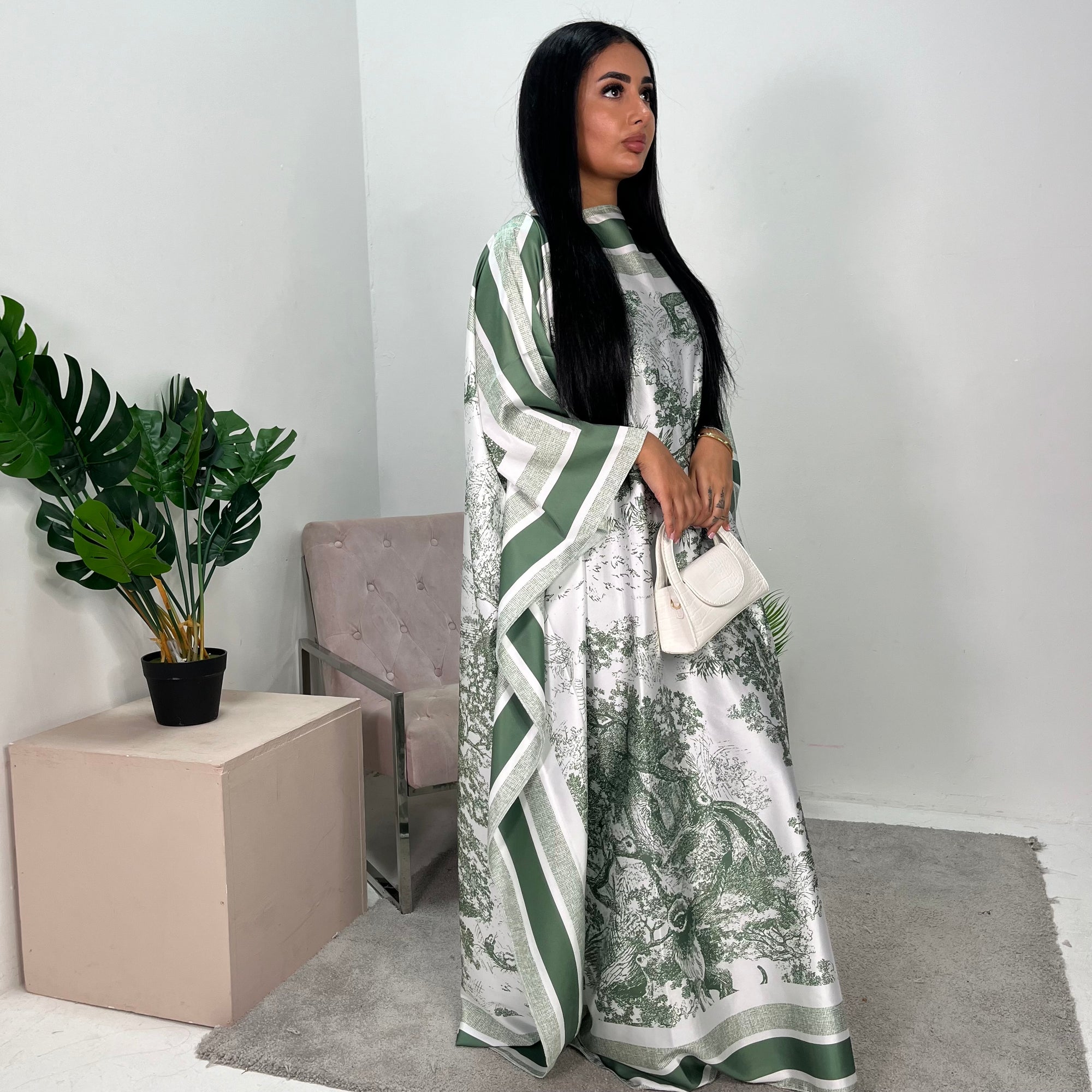 Saniyah Green Floral Slit Sleeve Kaftan Dress