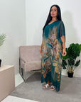 Heba Teal Floral Silk Kaftan Dress