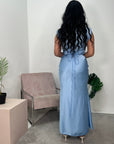 Priya Blue Sleeveless Tie Back Satin Dress