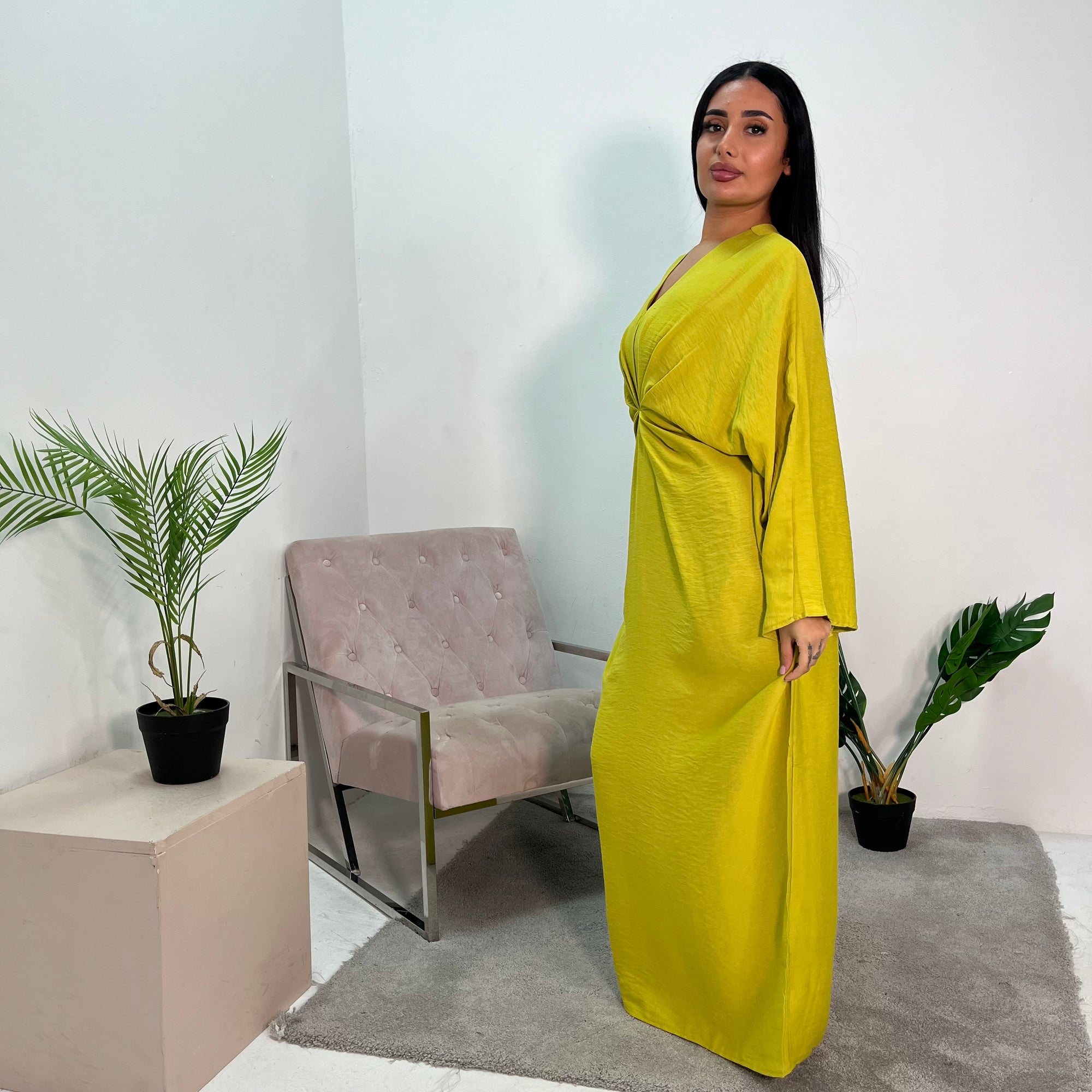 Disha Lime Green Summer Linen V-Neck Tie Dress