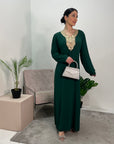 Safa Emerald Green Gold Detail Trim Belted Maxi Abaya Dress