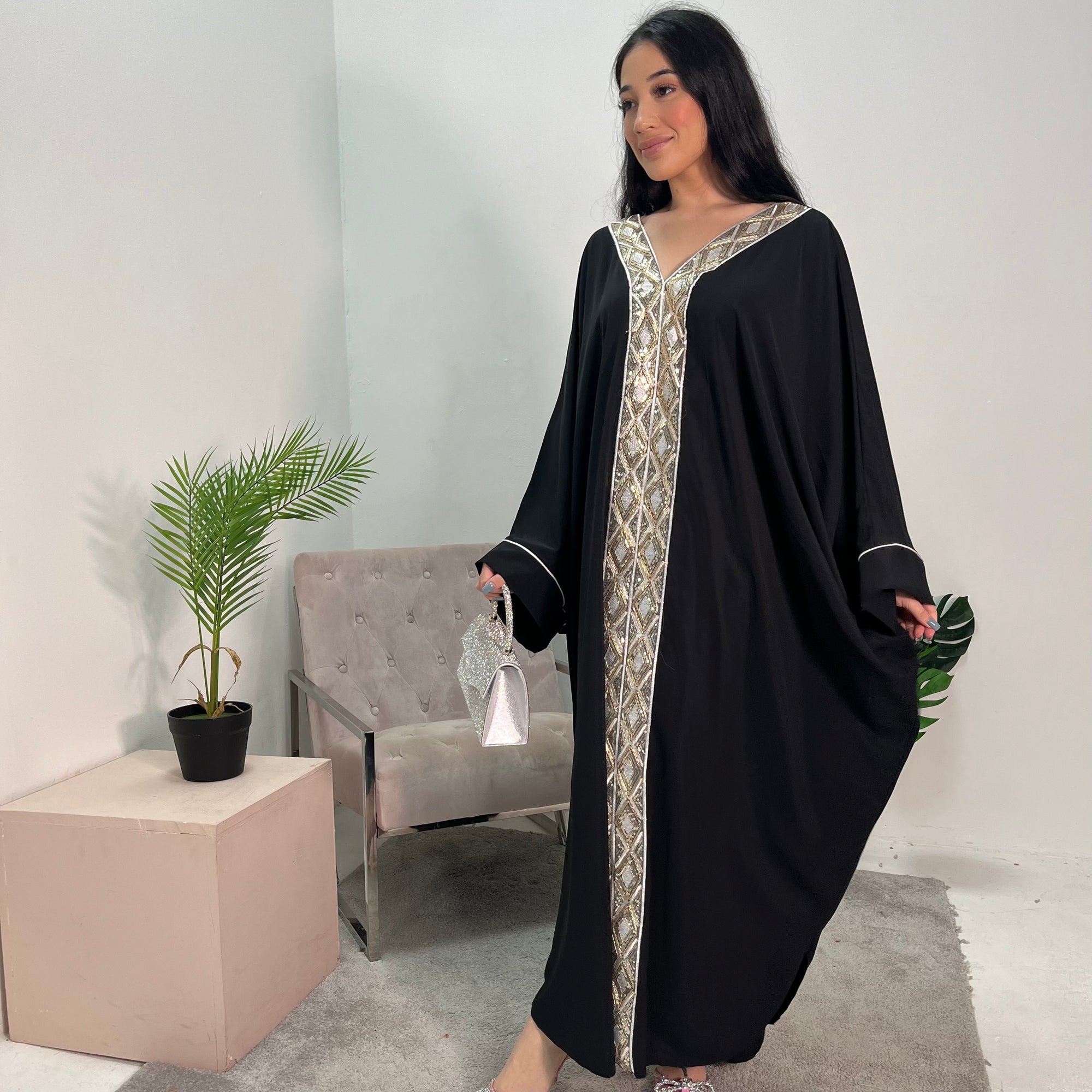 Arooj Black Sequin Trim V Neck Kaftan Abaya Dress