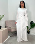 Yasmina White Linen Buckle Tie Waist Dress