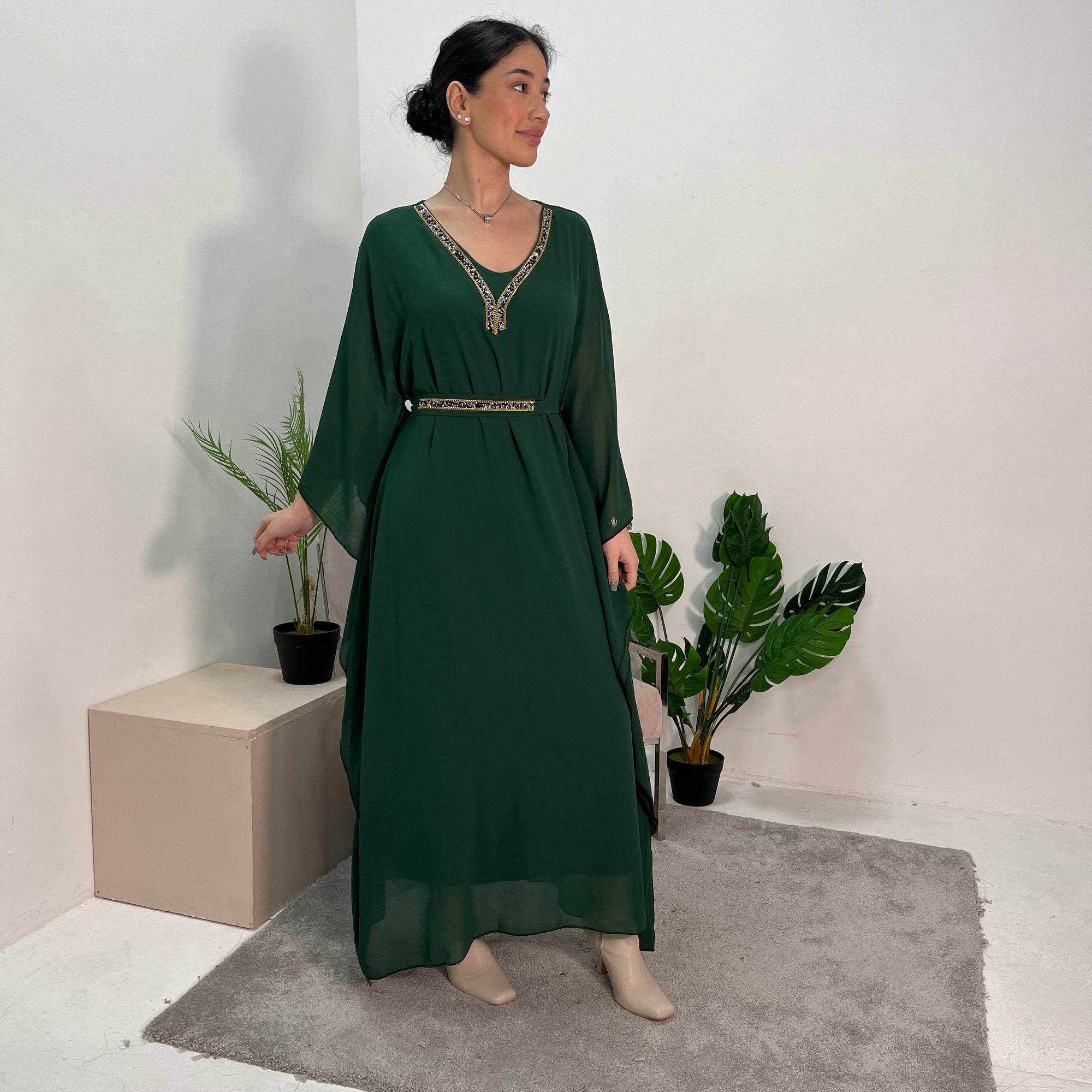 Mehak Emerald Green Embellished Detail Belted Dress With Flare Sleeves House Of Haniya Mehak Emerald Green Embellished Detail Belted Dress With Flare Sleeves House Of Haniya