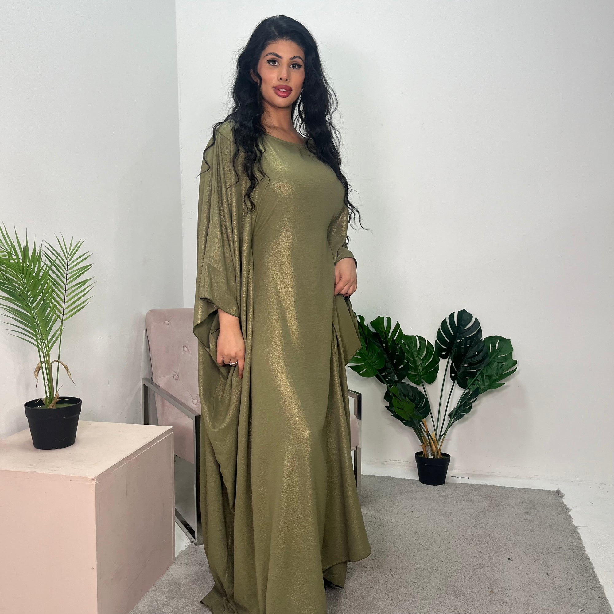 Ayra Khaki Shimmer Tie Kaftan Dress