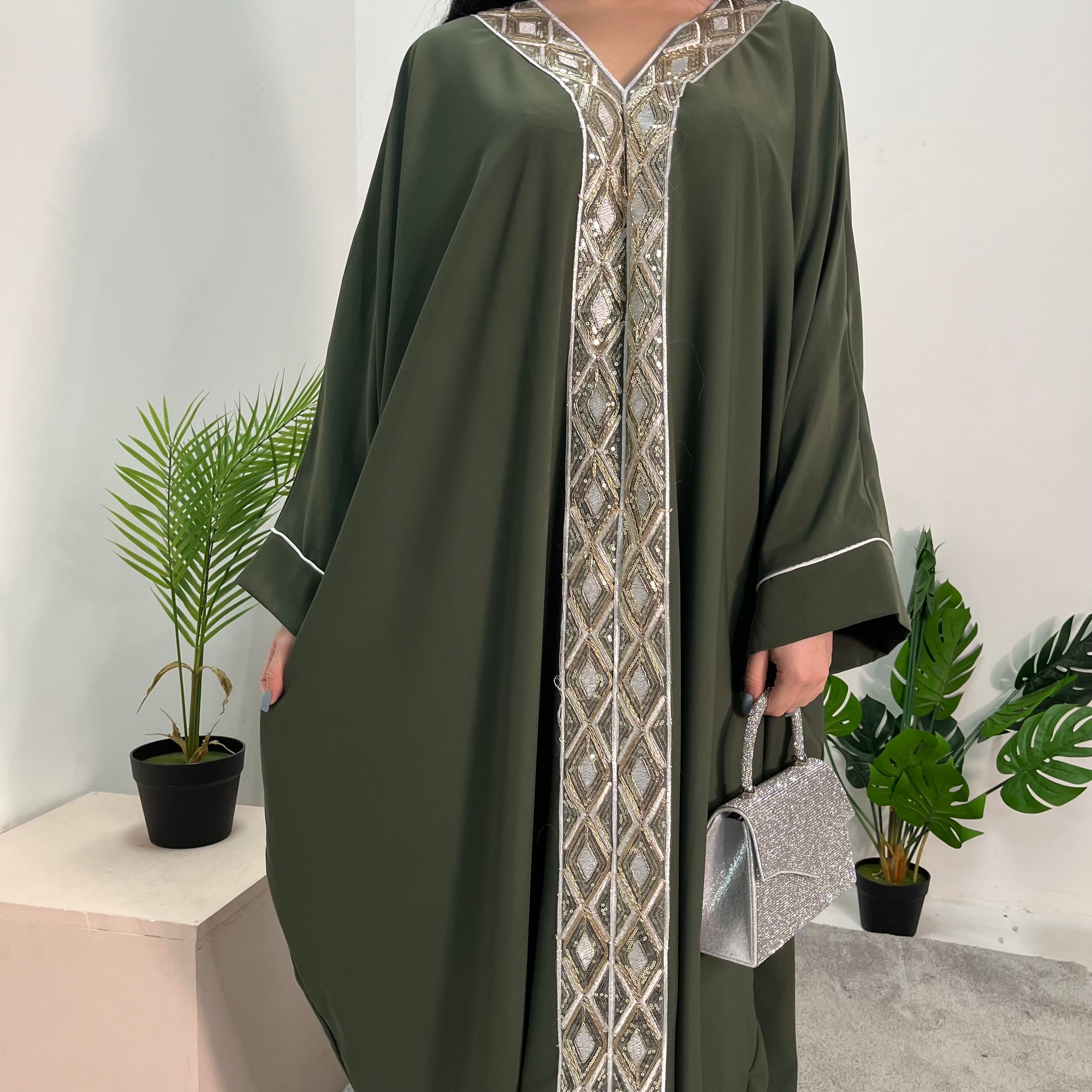 Arooj Khaki Sequin Trim V Neck Kaftan Abaya Dress