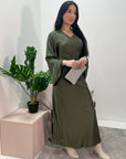 Fiza Khaki V-neck Fitted Flare Sleeve Satin Dress