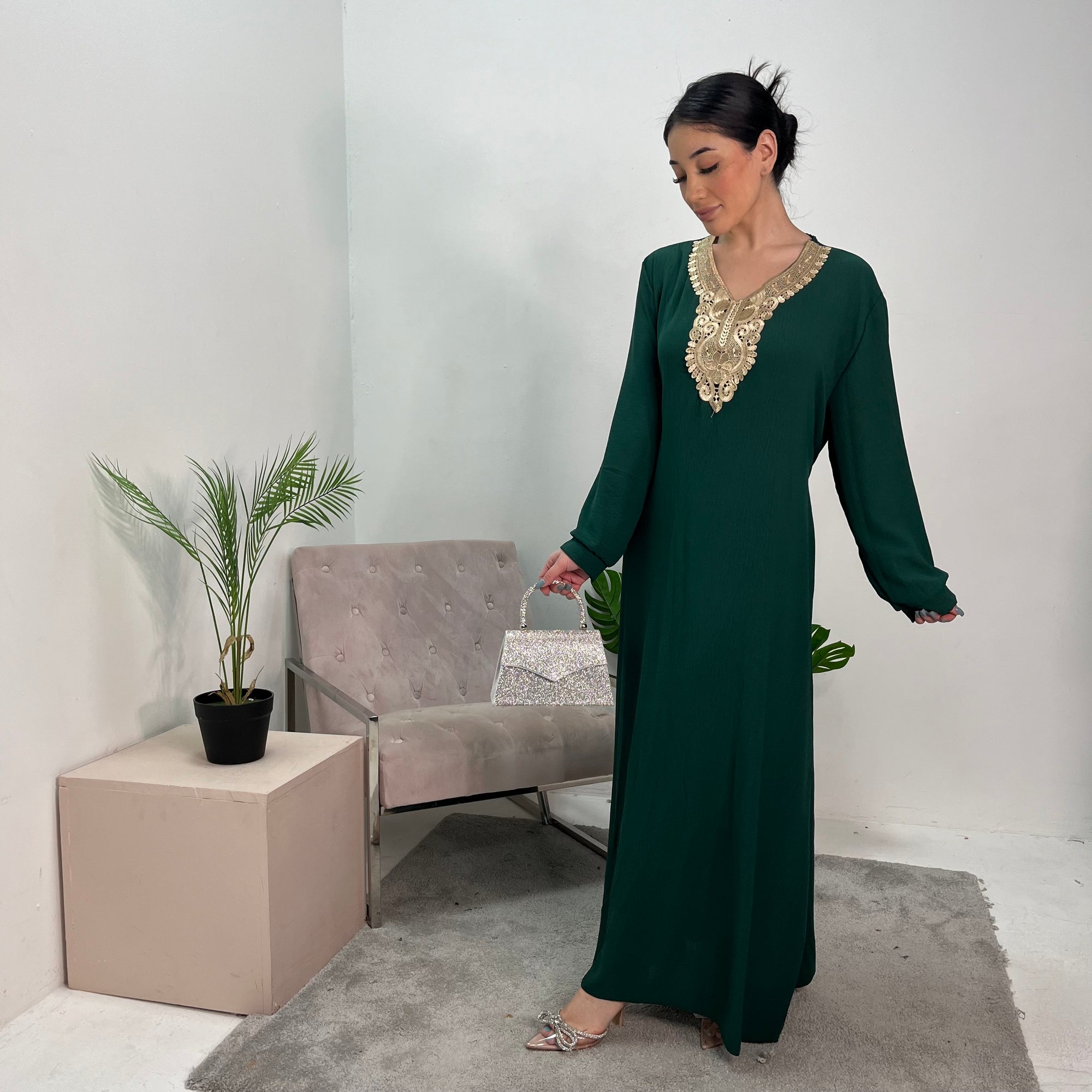 Safa Emerald Green Gold Detail Trim Belted Maxi Abaya Dress House Of Haniya Safa Emerald Green Gold Detail Trim Belted Maxi Abaya Dress House Of Haniya