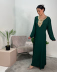 Safa Emerald Green Gold Detail Trim Belted Maxi Abaya Dress