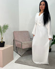 Disha White Summer Linen V-Neck Tie Dress