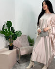 Safiya Beige Batwing Cape Fur Sleeve Satin Modest Kaftan Dress