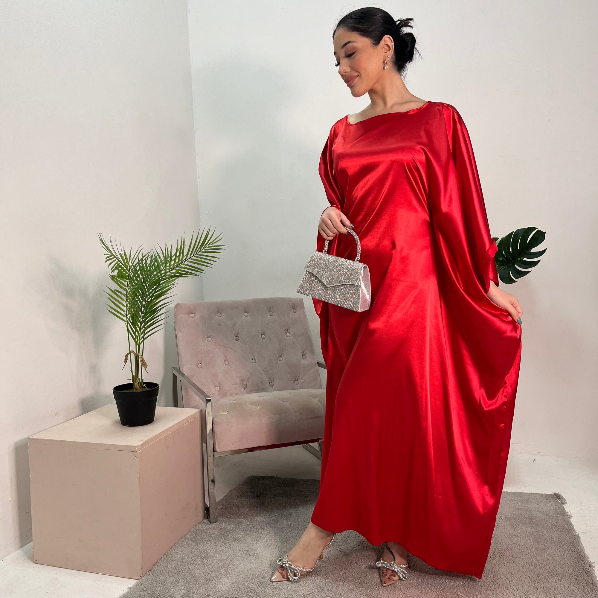 Sehr Red Quality Satin Plain Tie kaftan Dress House Of Haniya Sehr Red Quality Satin Plain Tie kaftan Dress House Of Haniya