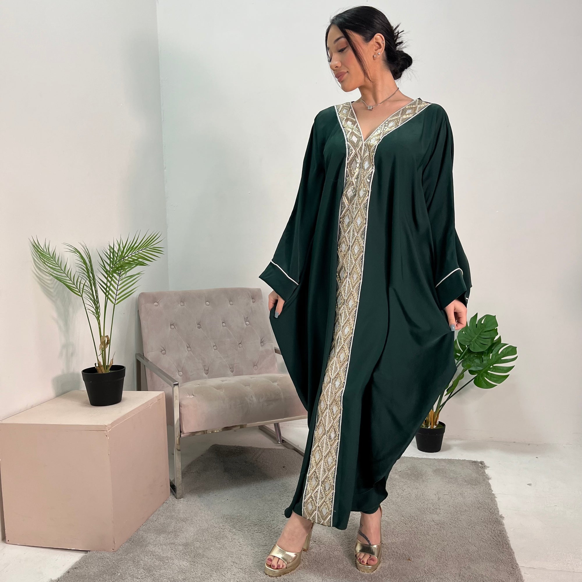 Arooj Emerald Green Sequin Trim V Neck Kaftan Abaya Dress