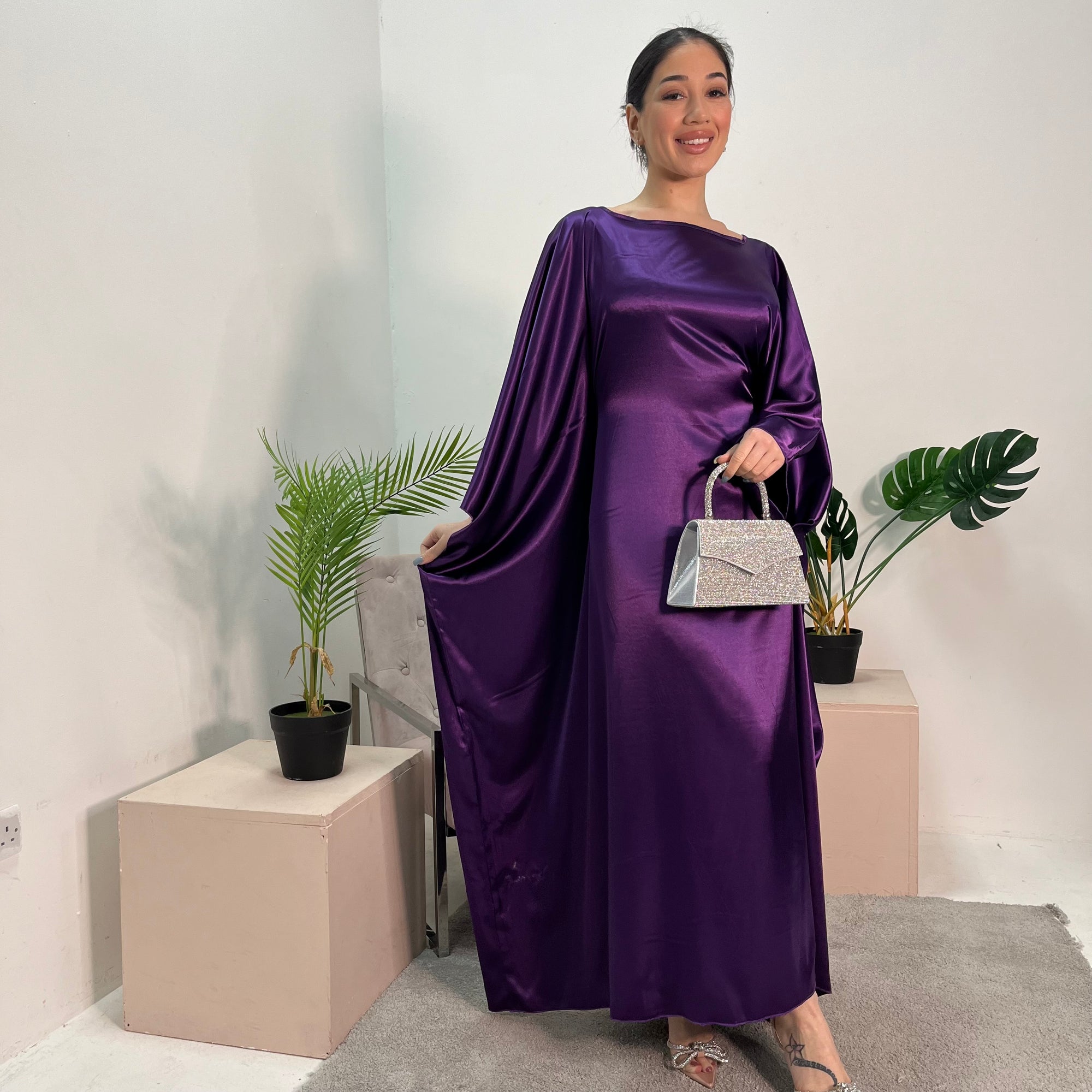 Sehr Purple Quality Satin Plain Tie kaftan Dress