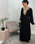 Safa Black Gold Detail Trim Belted Maxi Abaya Dress