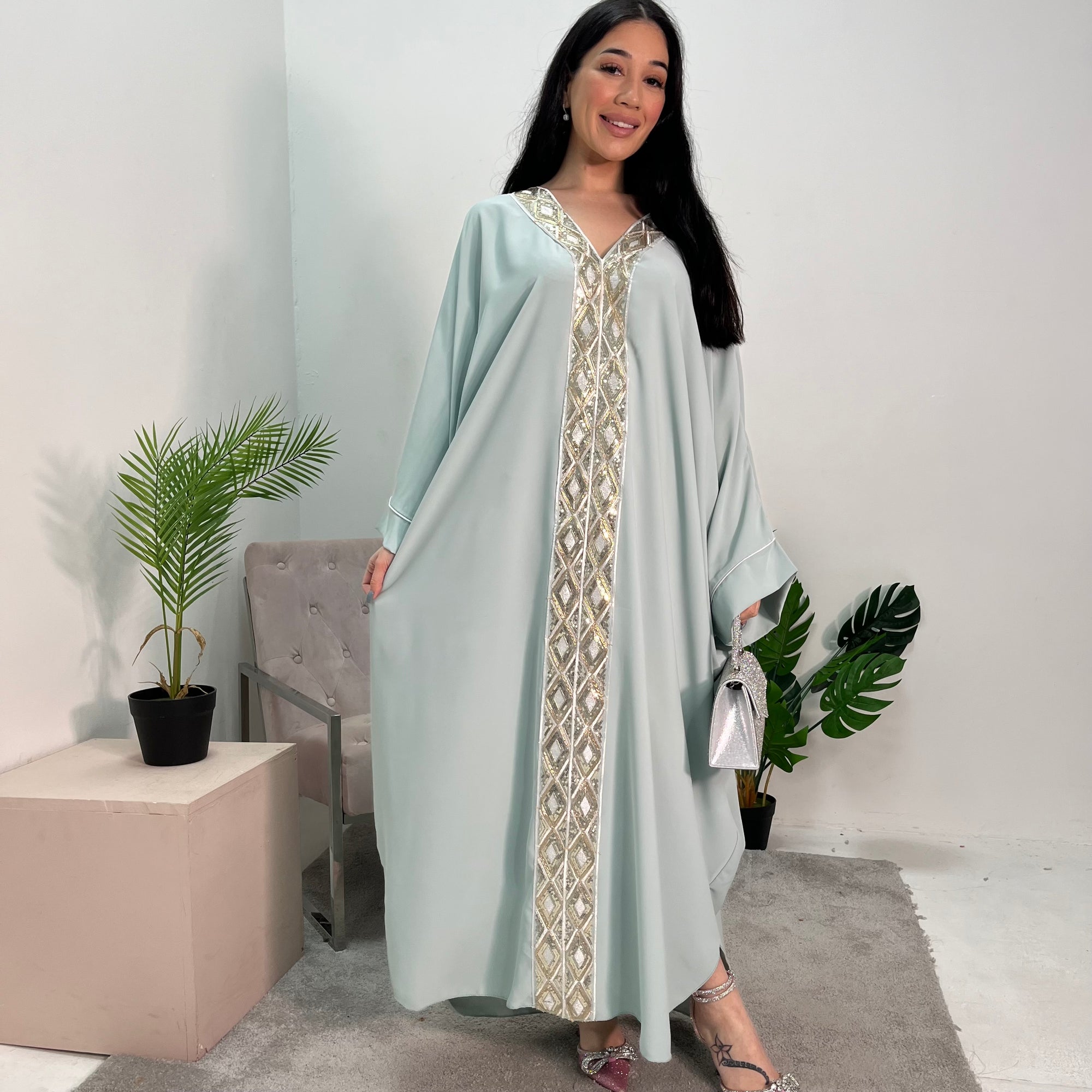 Arooj Mint Sequin Trim V Neck Kaftan Abaya Dress