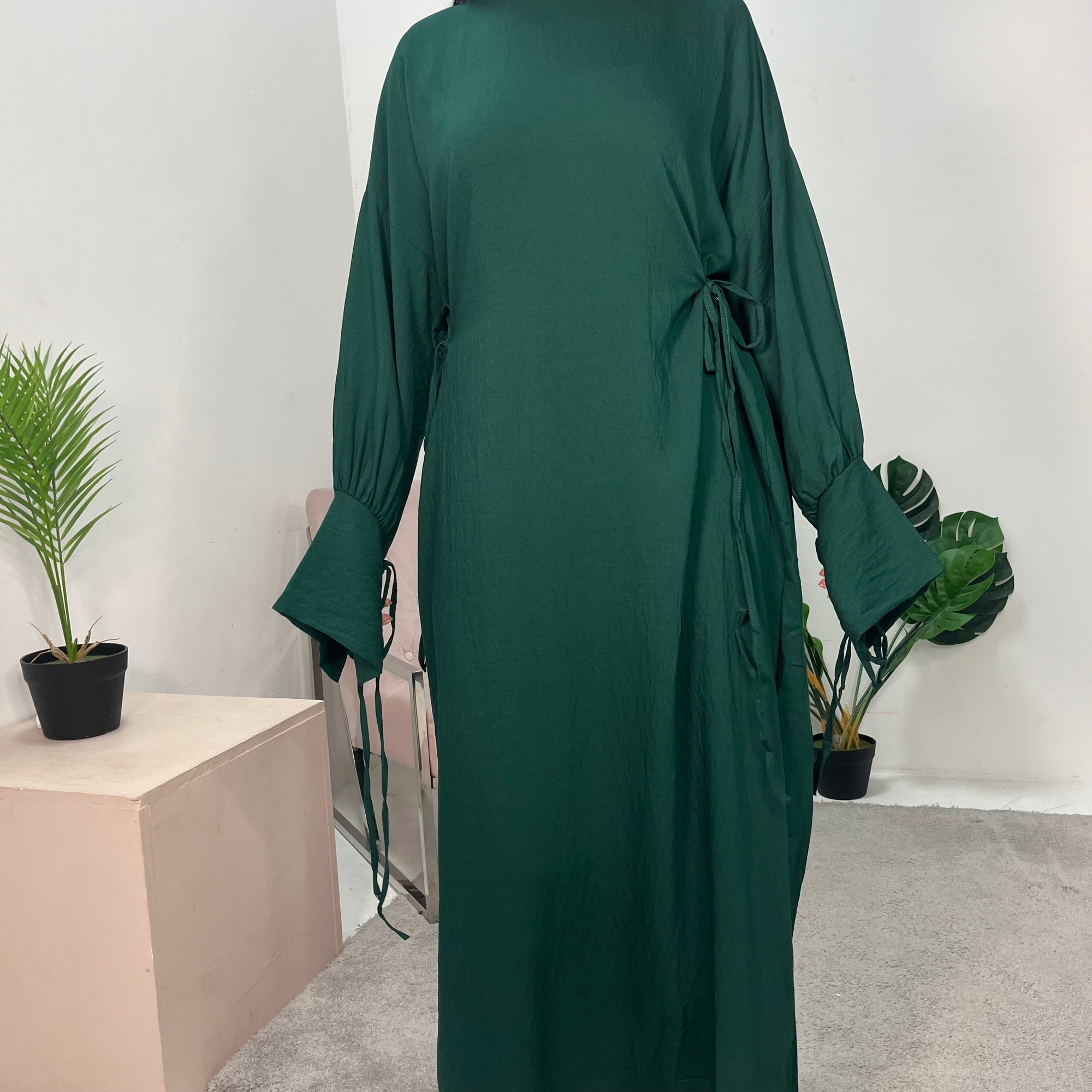 Rida Emerald Green Linen Plain High Neck Dress House Of Haniya Rida Emerald Green Linen Plain High Neck Dress House Of Haniya