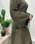 Fiza Khaki V-neck Fitted Flare Sleeve Satin Dress