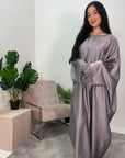 Safiya Grey Batwing Cape Fur Sleeve Satin Modest Kaftan Dress