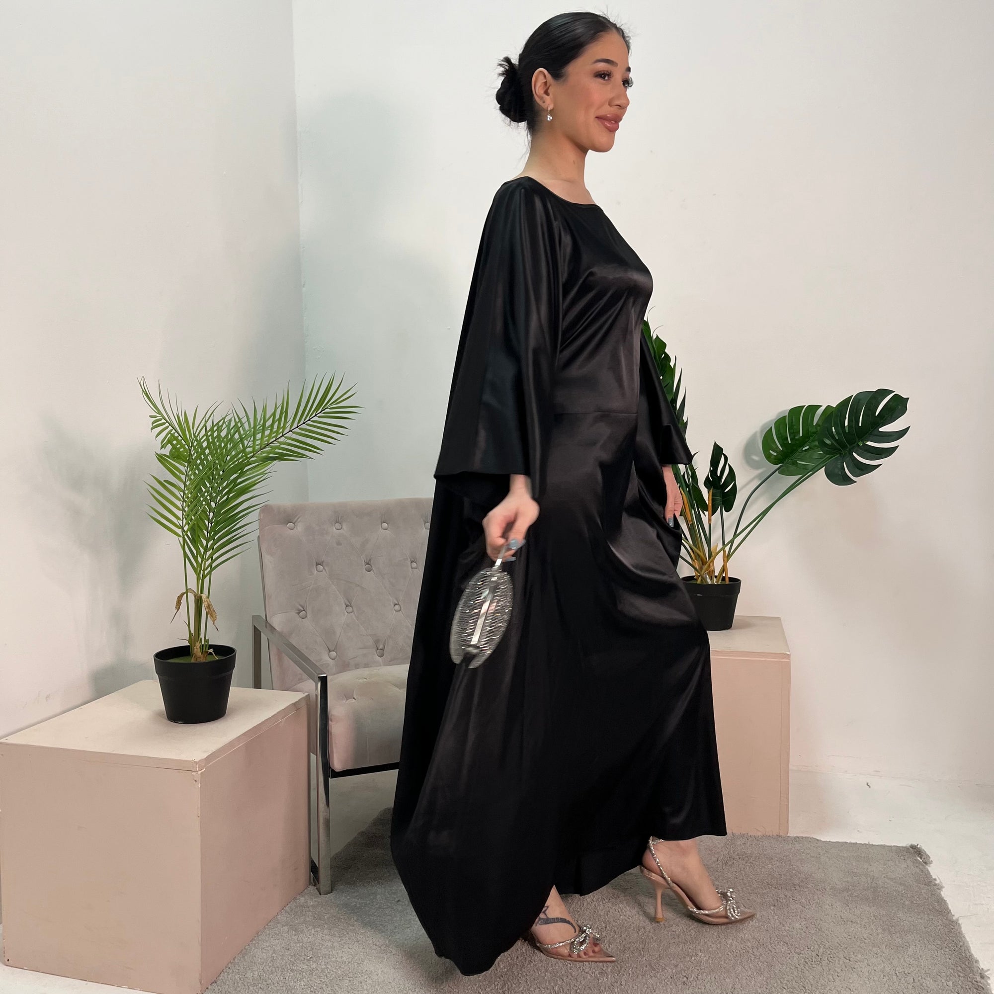 Sehr Black Quality Satin Plain Tie kaftan Dress House Of Haniya Sehr Black Quality Satin Plain Tie kaftan Dress House Of Haniya