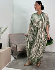 Kyra Khaki Printed Summer V-Neck Kaftan Dress