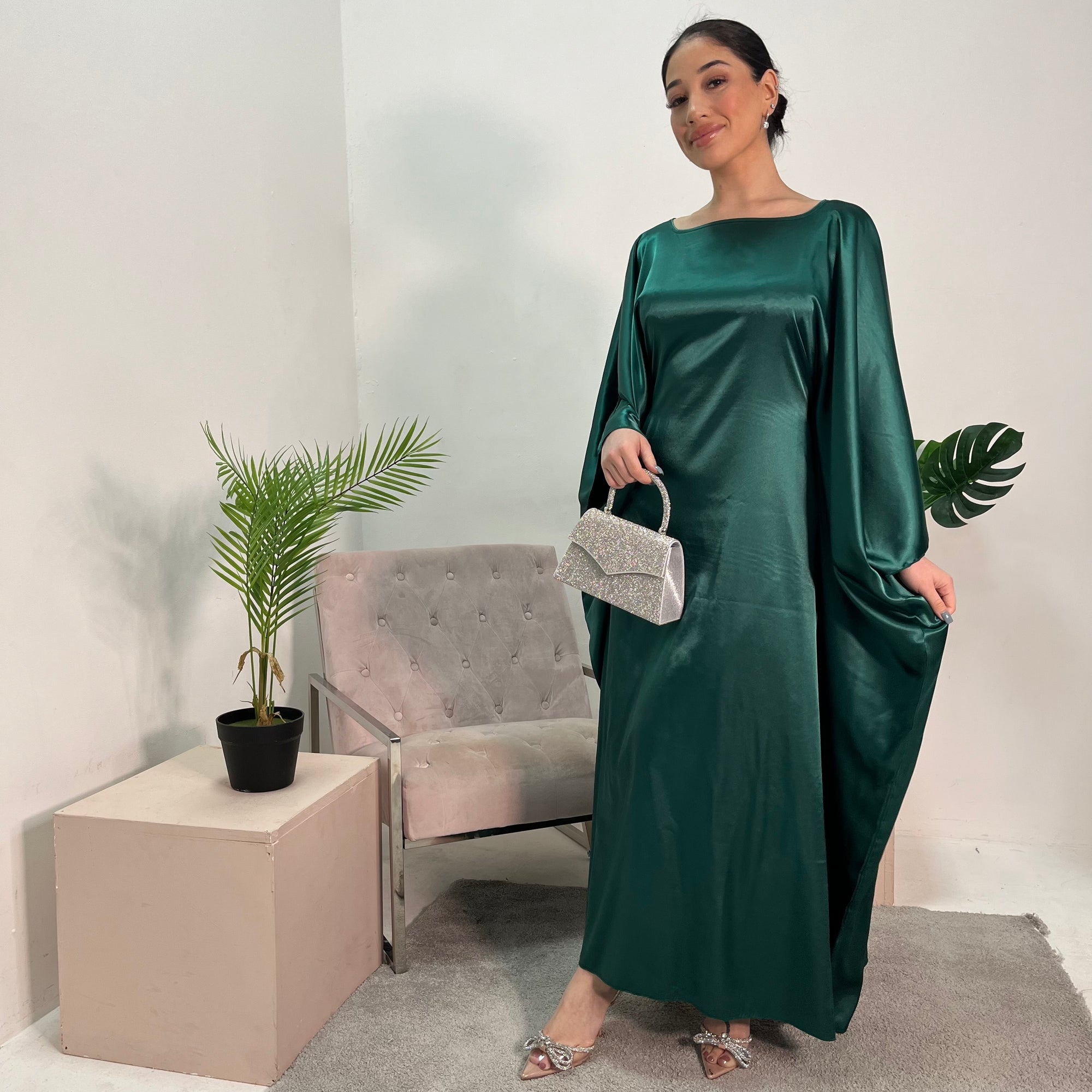 Sehr Emerald Green Quality Satin Plain Tie kaftan Dress House Of Haniya Sehr Emerald Green Quality Satin Plain Tie kaftan Dress House Of Haniya