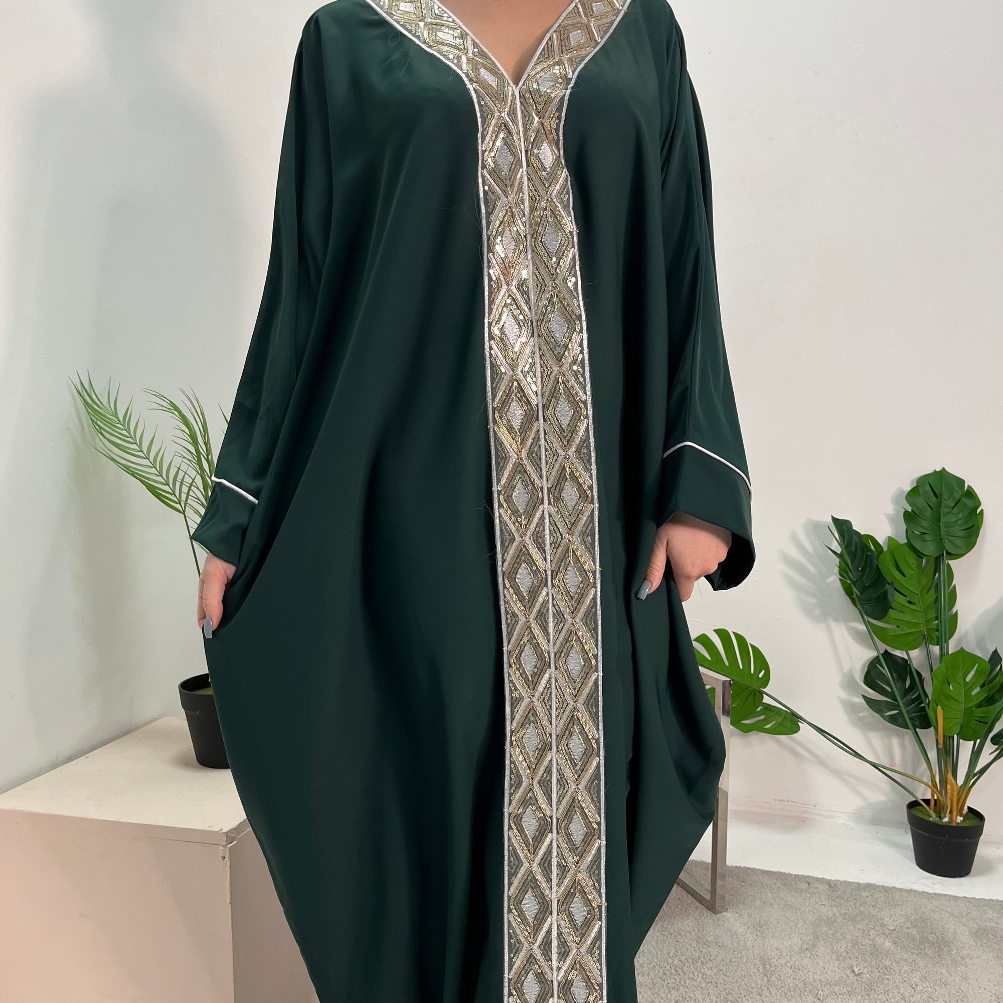 Arooj Emerald Green Sequin Trim V Neck Kaftan Abaya Dress