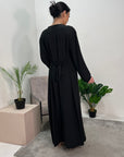 Safa Black Gold Detail Trim Belted Maxi Abaya Dress