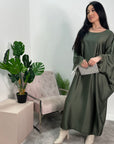 Safiya Khaki Batwing Cape Fur Sleeve Satin Modest Kaftan Dress