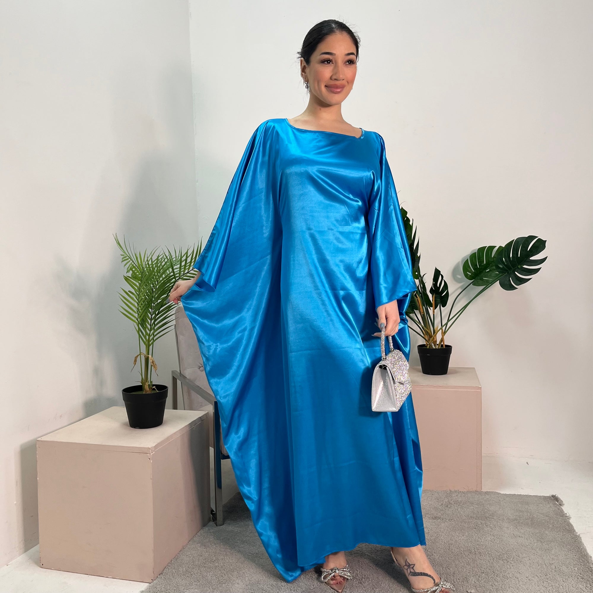 Sehr Electric Blue Quality Satin Plain Tie kaftan Dress – House Of Haniya