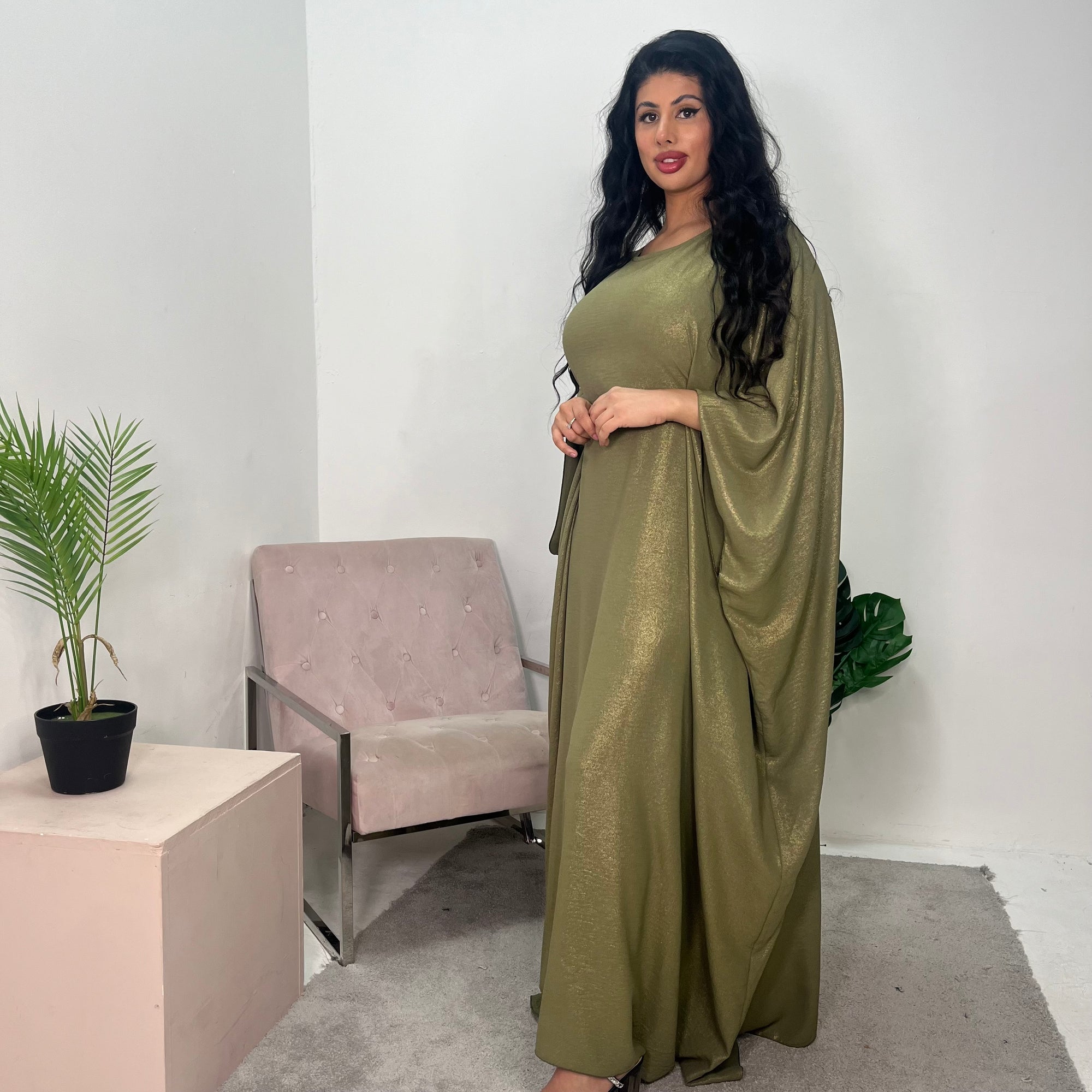 Ayra Khaki Shimmer Tie Kaftan Dress